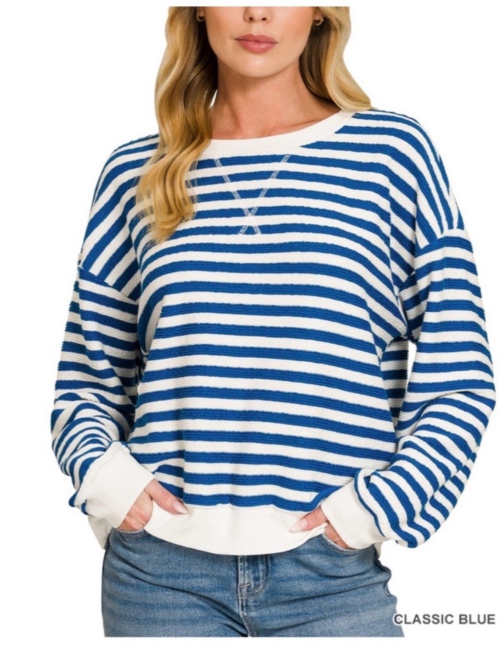 Zenana Outfitters Blue and White Striped Sweater